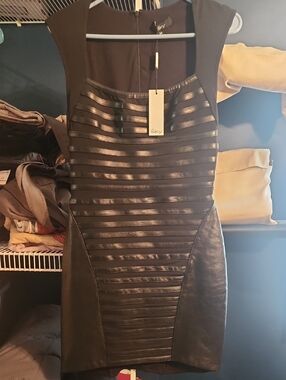 NWT Sky Black Faux Leather Panel Bodycon Cap Sleeve Dress Size Medium
